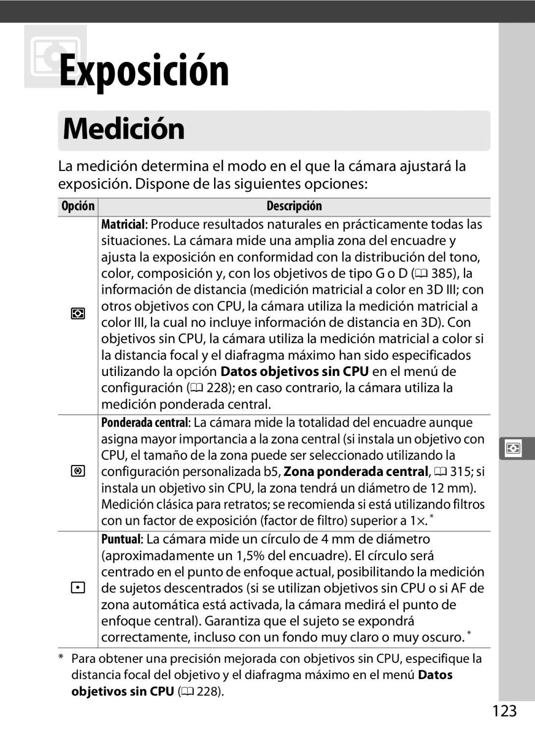 Nikon SB1L01 manual Medición, 123 