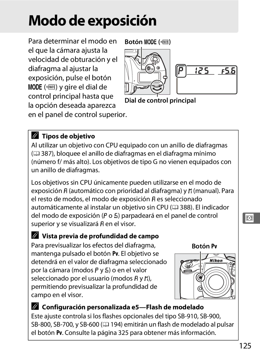 Nikon SB1L01 manual Modo de exposición, 125, Tipos de objetivo, Vista previa de profundidad de campo 