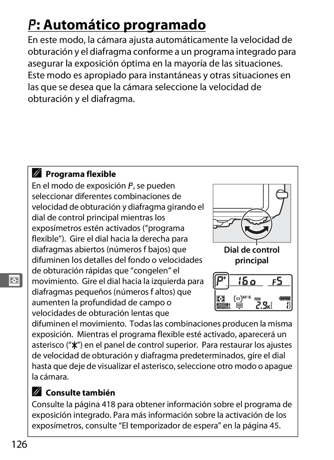 Nikon SB1L01 manual Automático programado, 126, Programa flexible, En el modo de exposición e, se pueden 