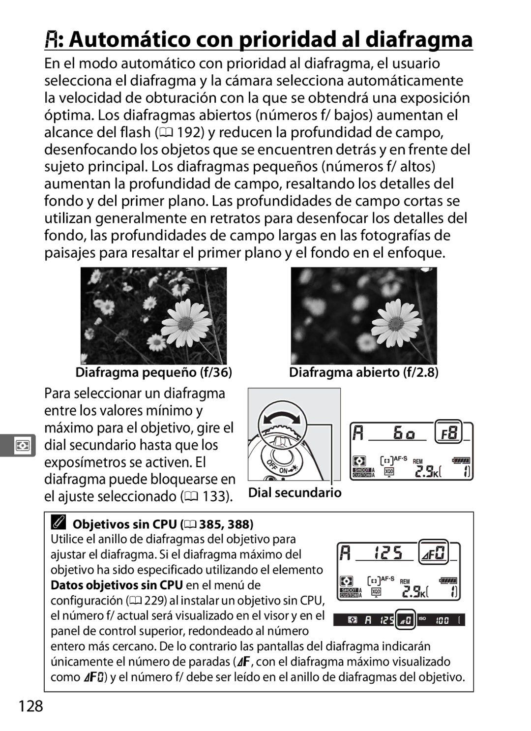 Nikon SB1L01 Automático con prioridad al diafragma, 128, Diafragma pequeño f/36, Diafragma abierto f/2.8 Dial secundario 