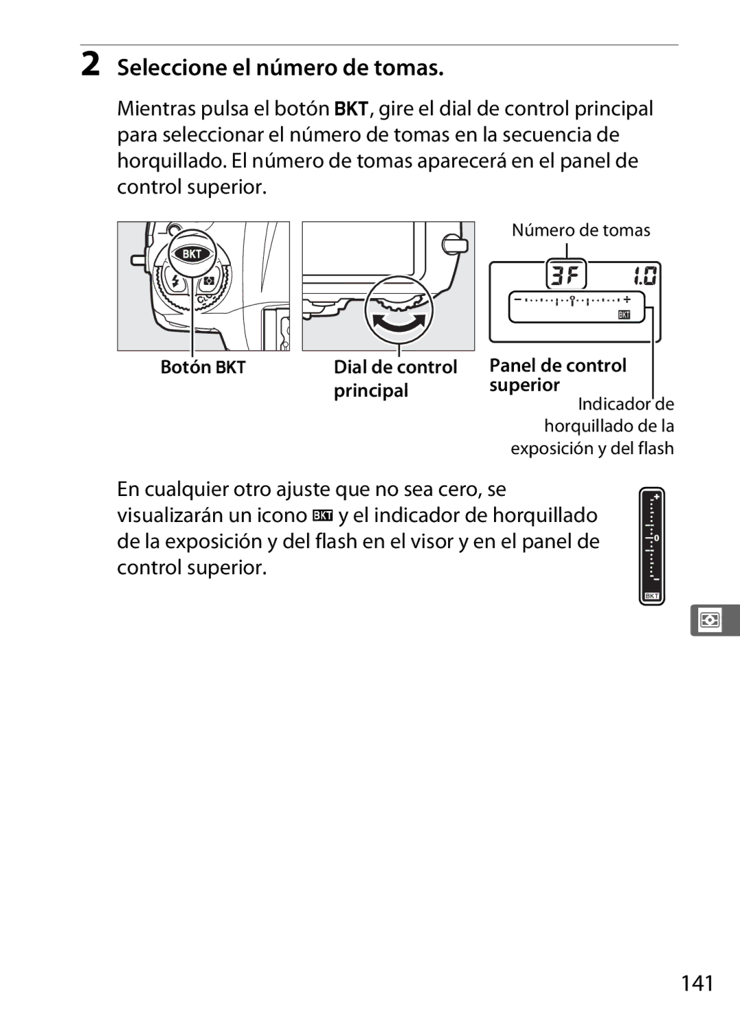 Nikon SB1L01 manual Seleccione el número de tomas, 141, Botón D Dial de control Panel de control Principal Superior 