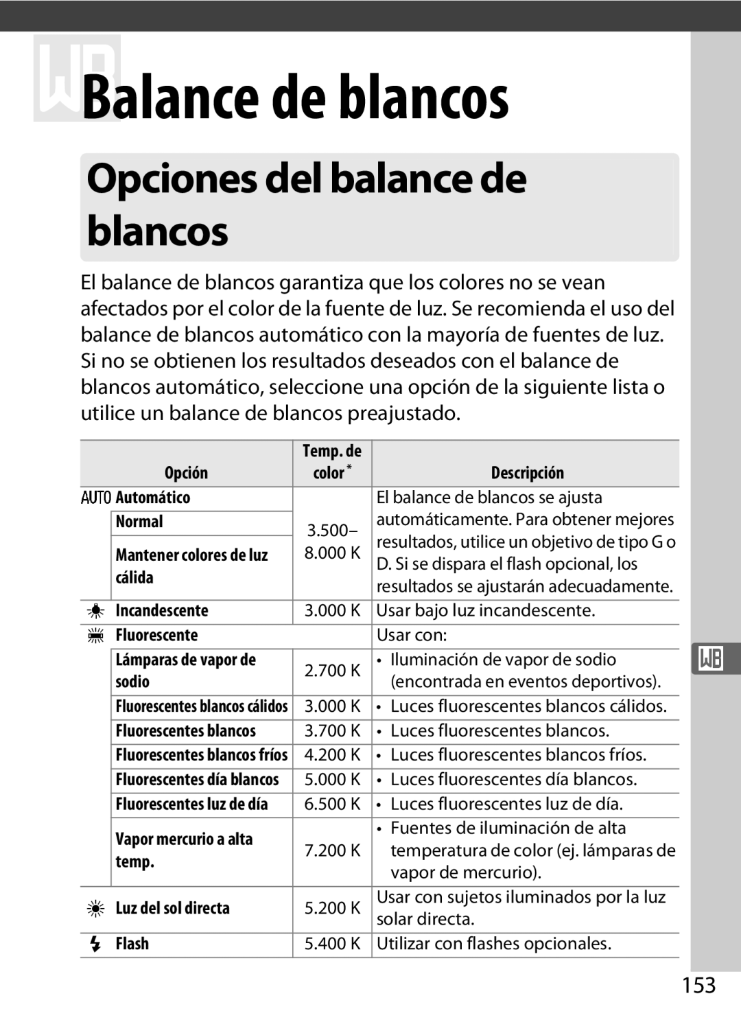 Nikon SB1L01 manual Opciones del balance de blancos, 153 