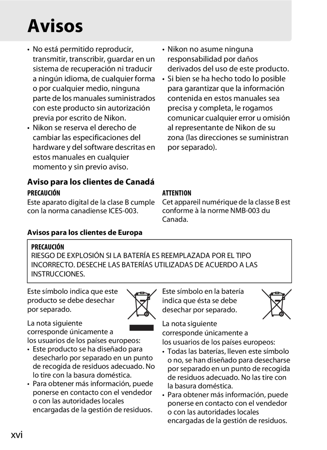 Nikon SB1L01 manual Avisos, Xvi, Aviso para los clientes de Canadá, Los usuarios de los países europeos 