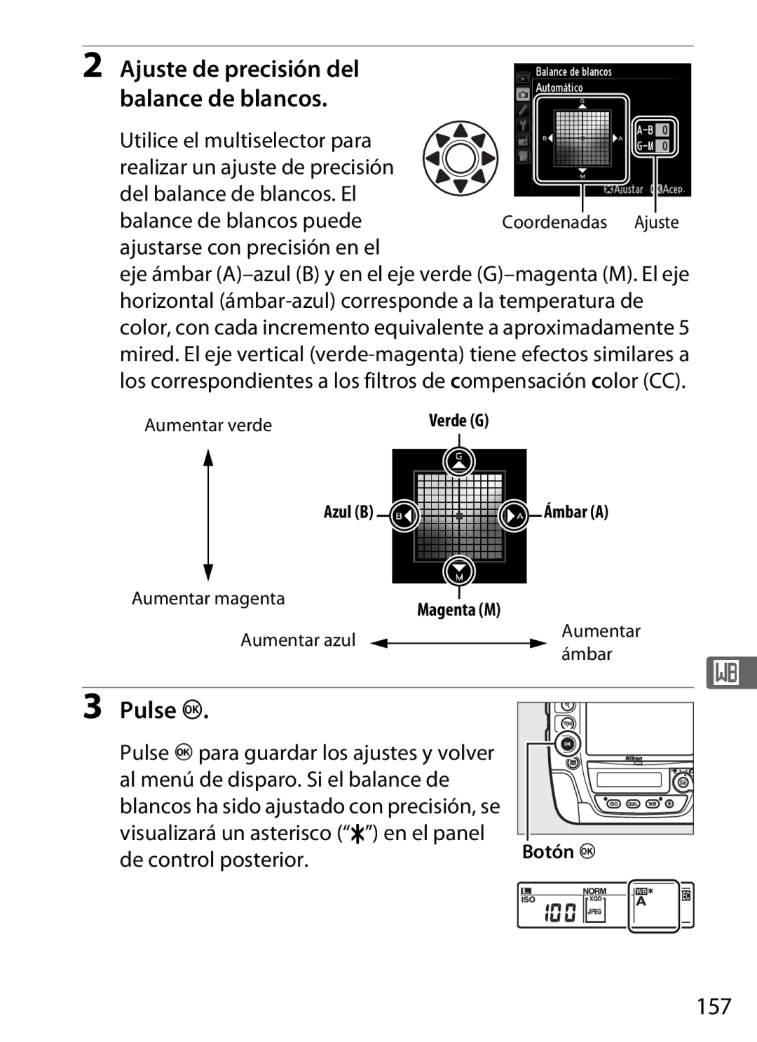 Nikon SB1L01 manual Pulse J, 157, Ajuste de precisión del balance de blancos 