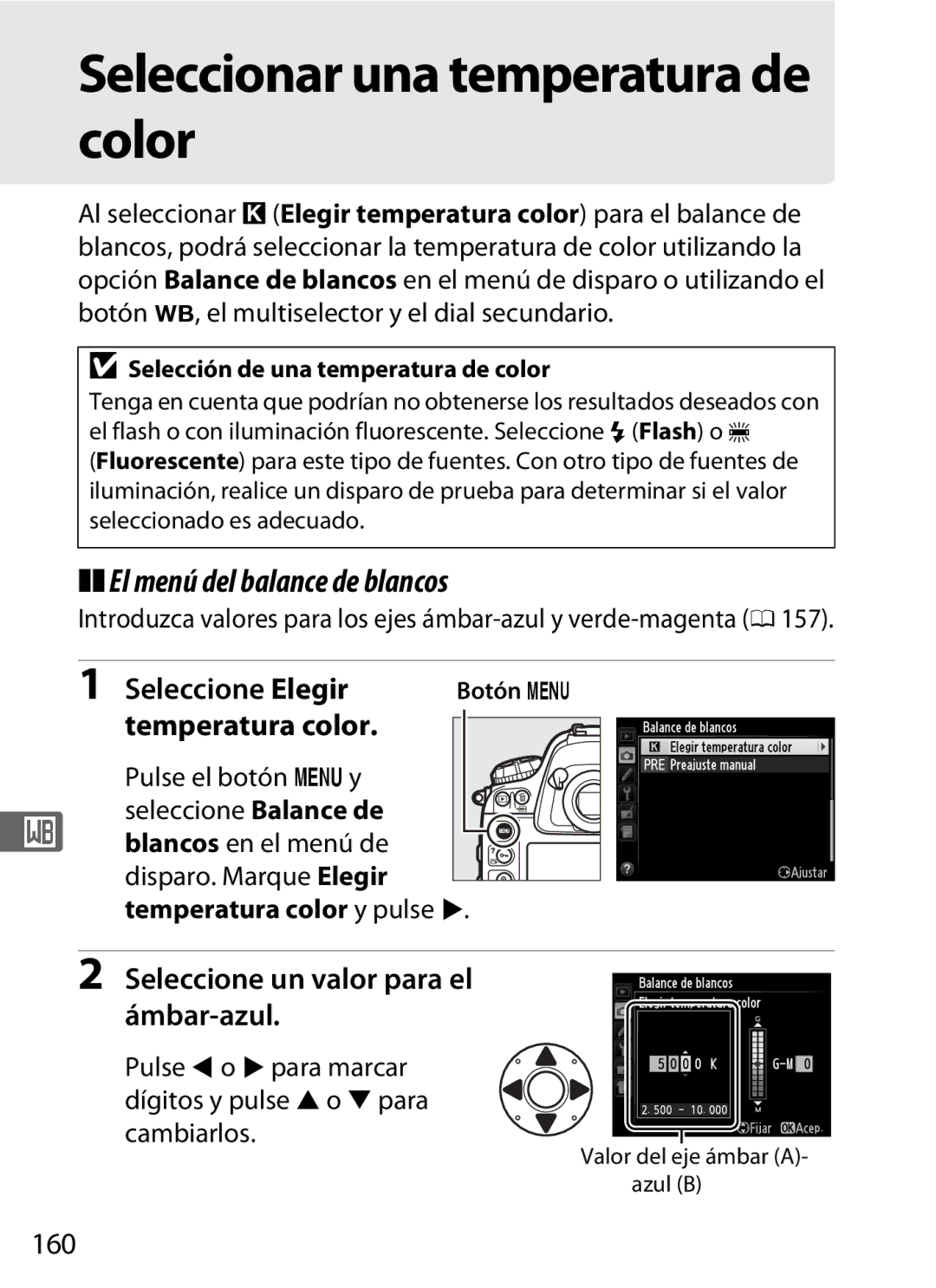 Nikon SB1L01 manual Seleccionar una temperatura de color, Seleccione Elegir, Temperatura color, 160 