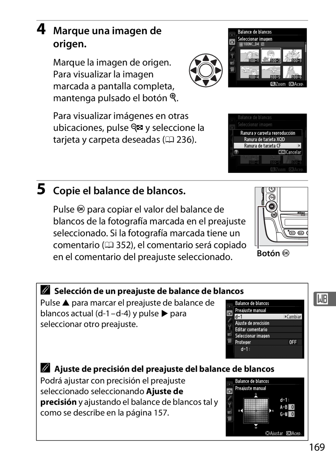 Nikon SB1L01 Marque una imagen de origen, Copie el balance de blancos, 169, Pulse Jpara copiar el valor del balance de 