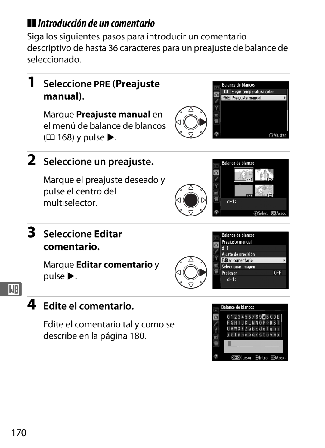 Nikon SB1L01 Introducción de un comentario, Seleccione LPreajuste manual, Edite el comentario, 170 