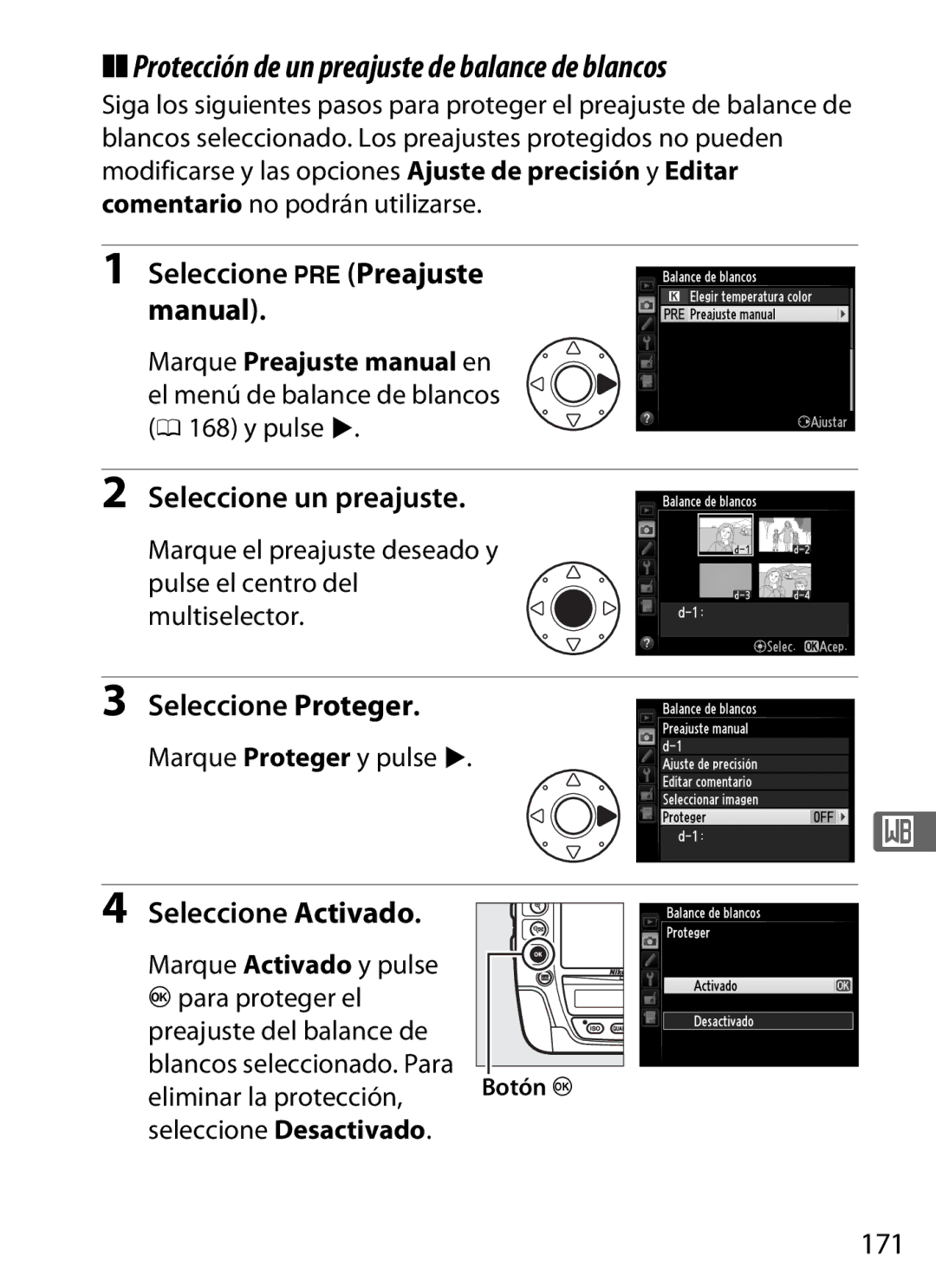 Nikon SB1L01 manual Protección de un preajuste de balance de blancos, Seleccione Proteger, 171 