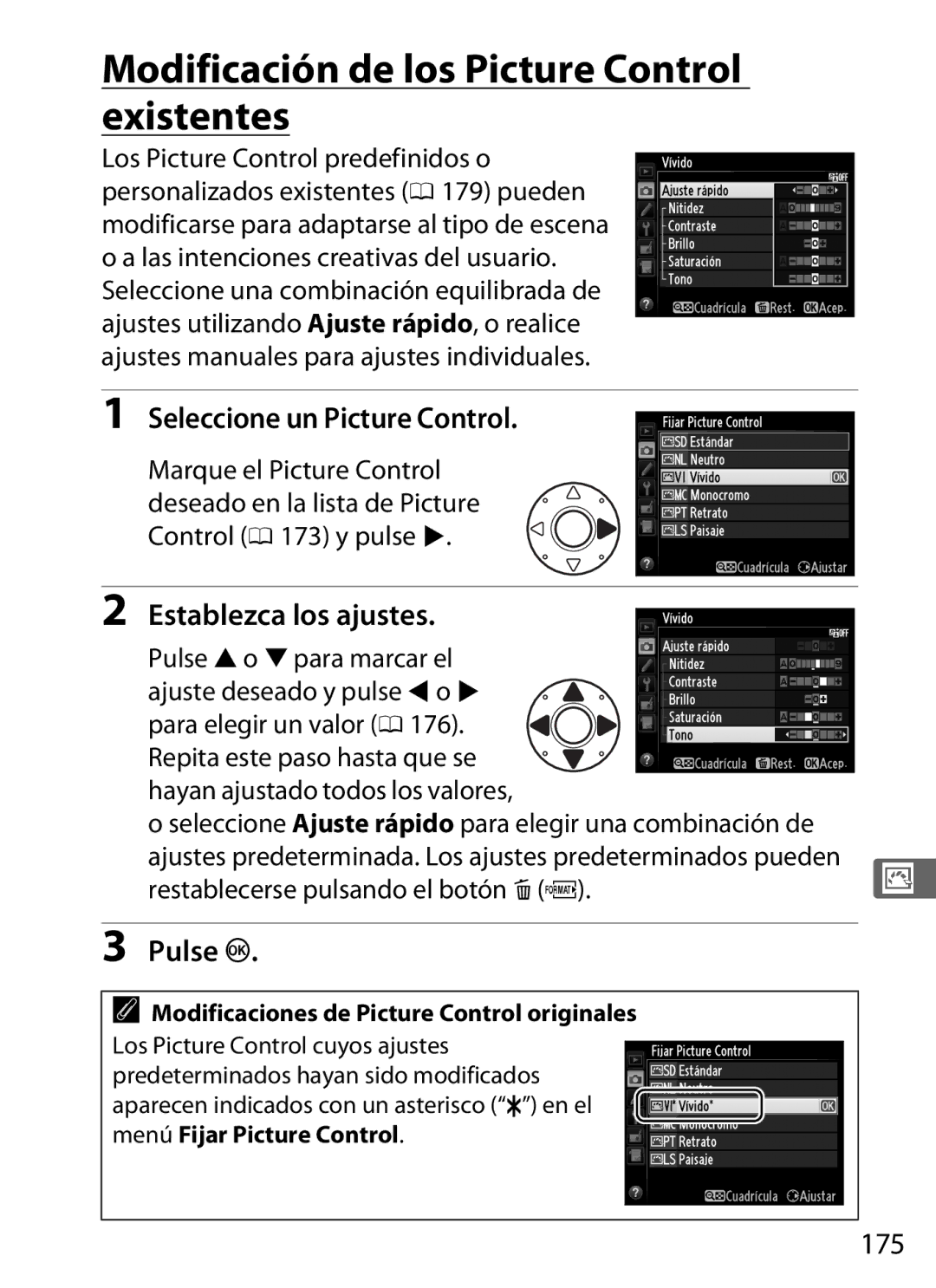 Nikon SB1L01 manual Modificación de los Picture Control existentes, Seleccione un Picture Control, 175 