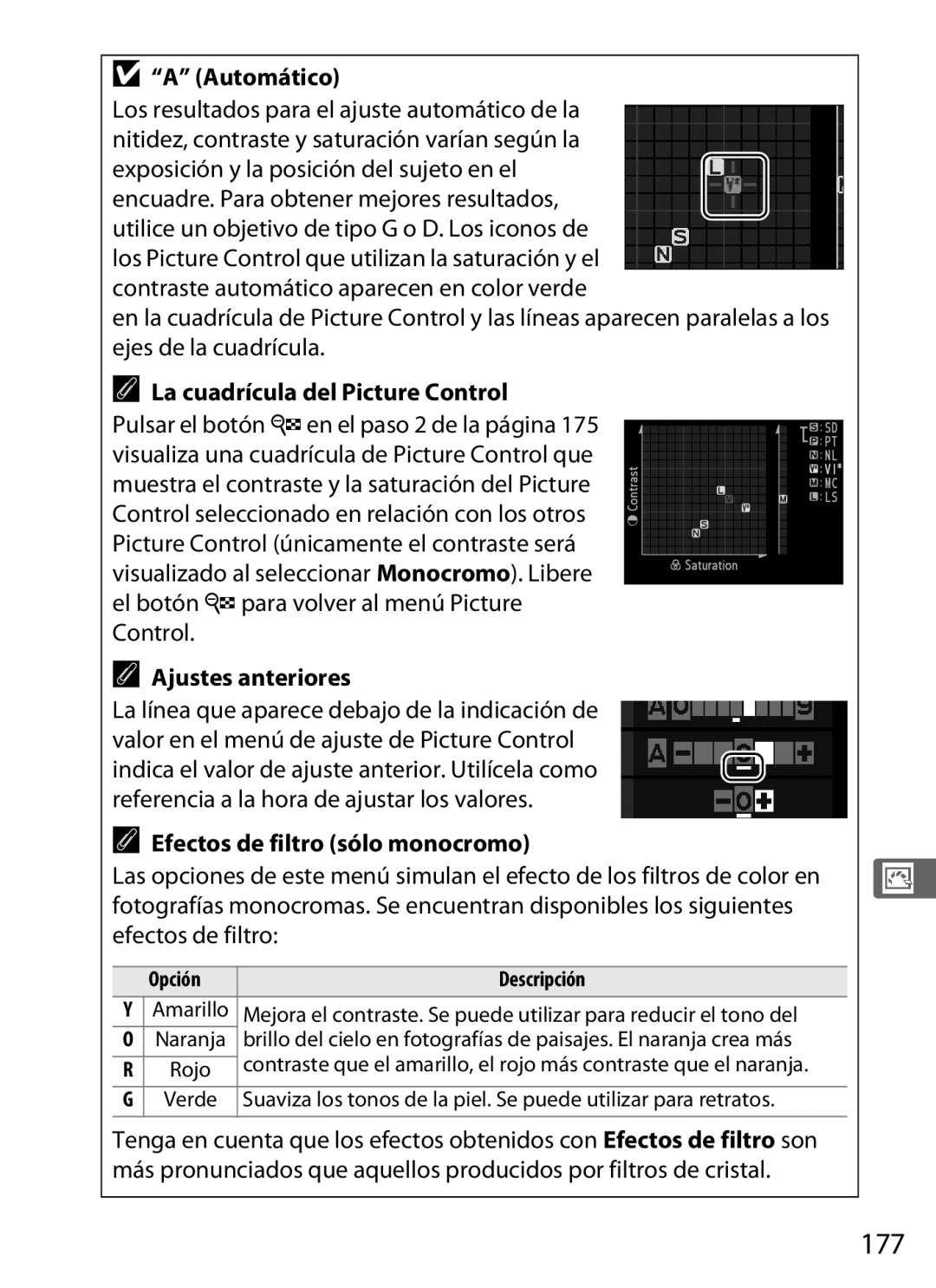 Nikon SB1L01 177, Automático, La cuadrícula del Picture Control, Ajustes anteriores, Efectos de filtro sólo monocromo 