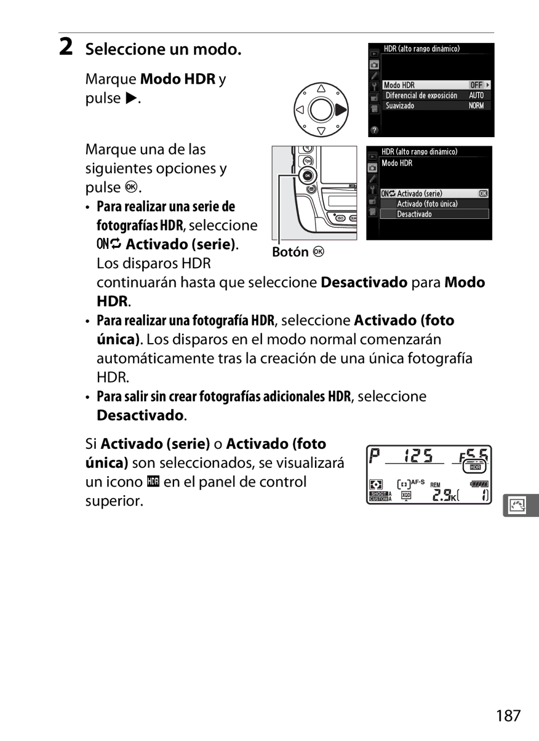 Nikon SB1L01 manual Seleccione un modo, 187, Marque Modo HDR y pulse, Para realizar una serie de 