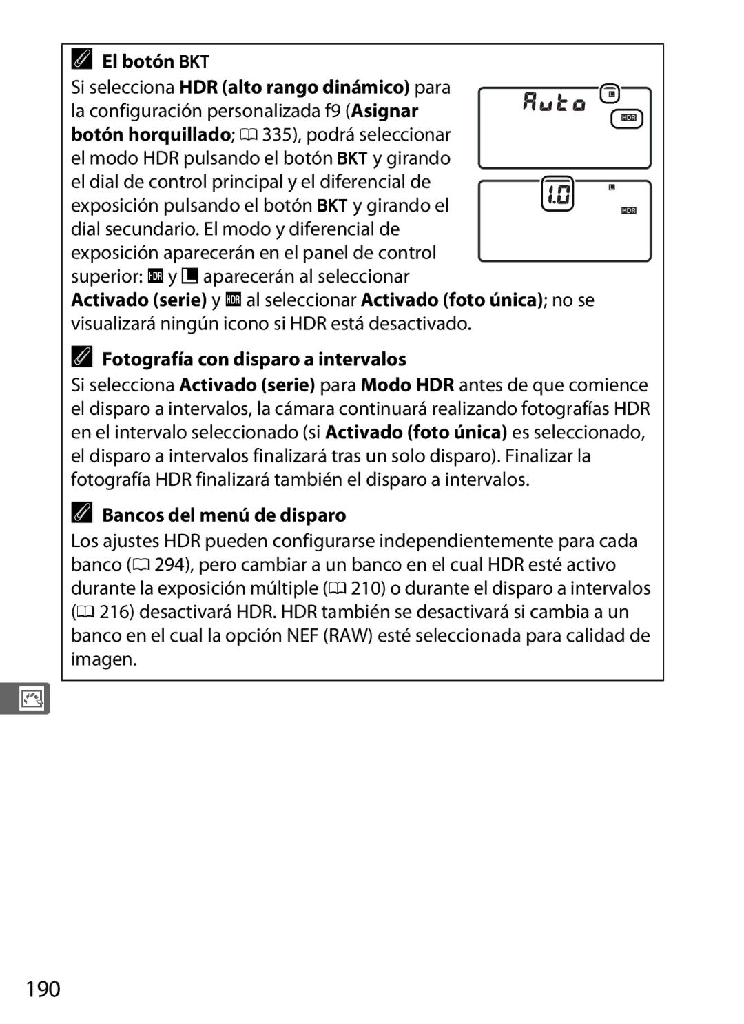 Nikon SB1L01 manual 190, El botón D, Bancos del menú de disparo 