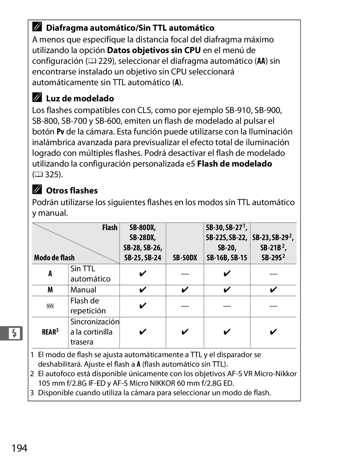 Nikon SB1L01 manual 194, Diafragma automático/Sin TTL automático, Luz de modelado, 325, Otros flashes 