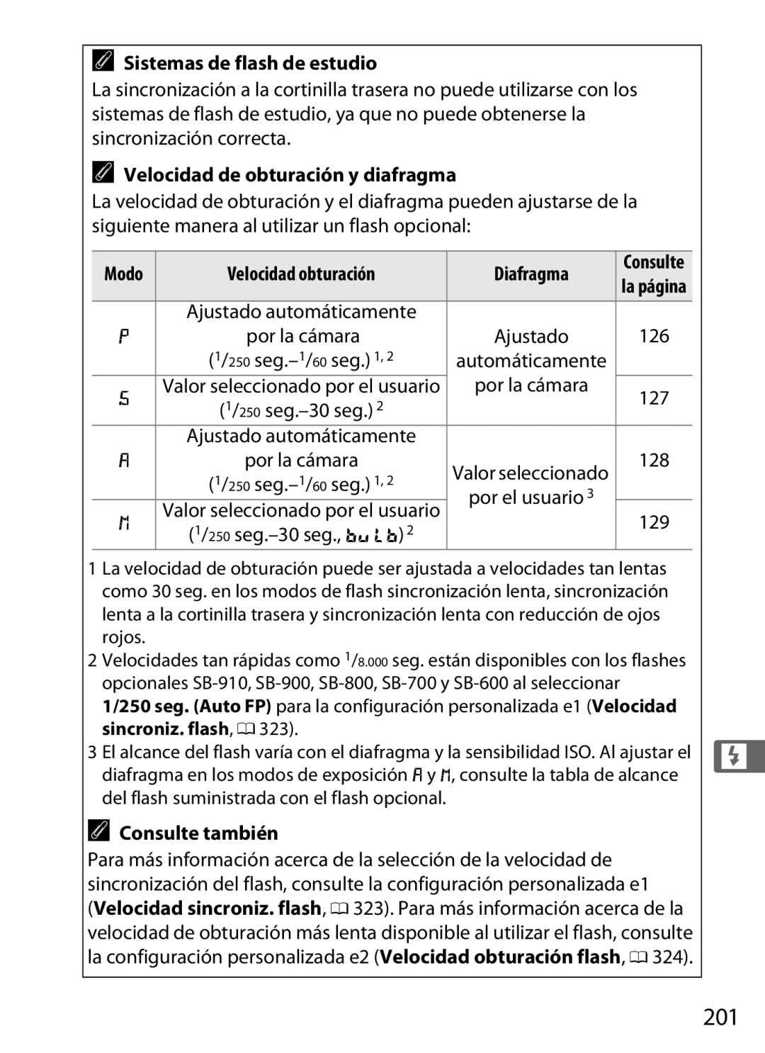 Nikon SB1L01 manual 201, Sistemas de flash de estudio, Velocidad de obturación y diafragma, Velocidad obturación Diafragma 