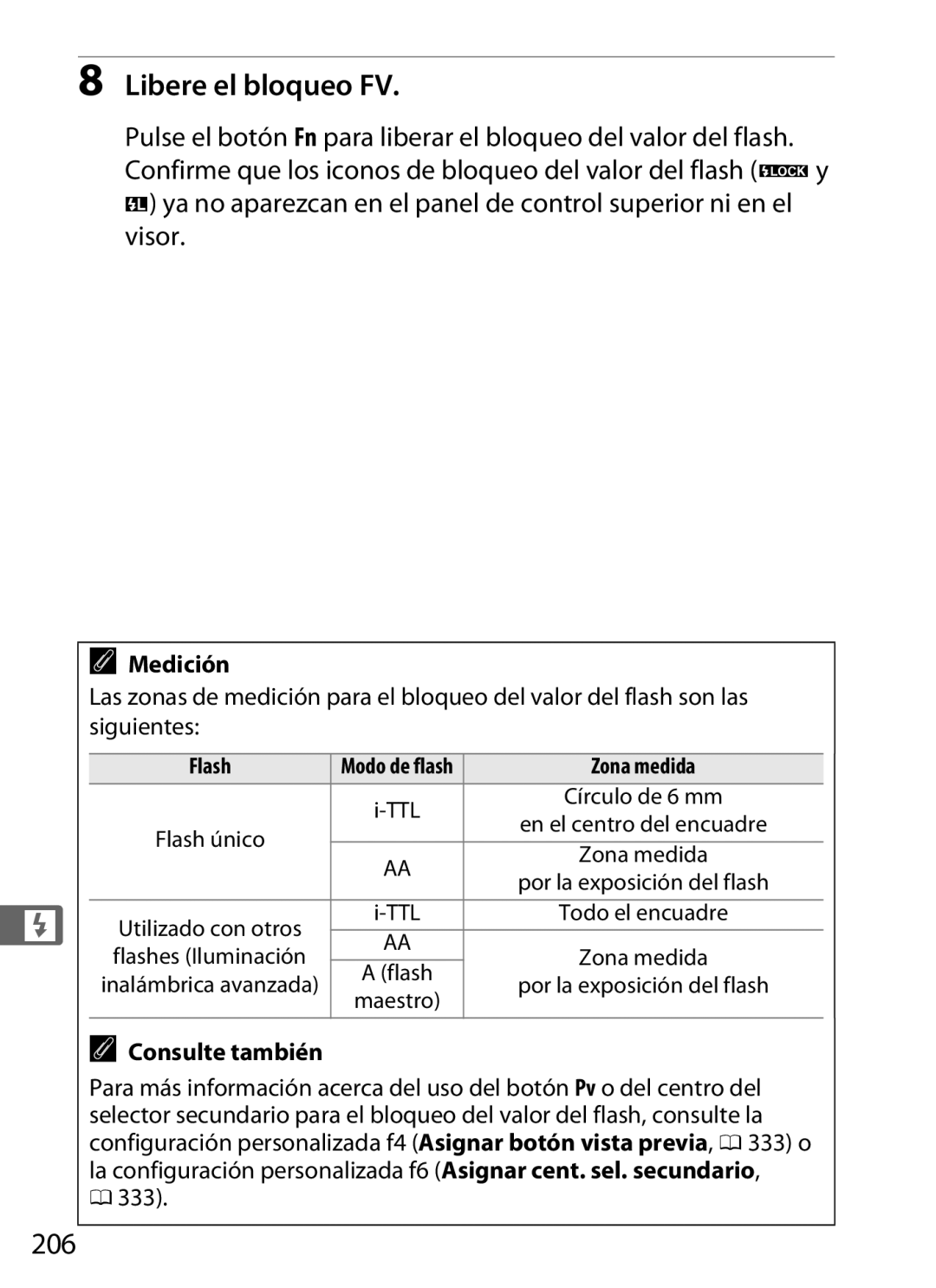Nikon SB1L01 manual Libere el bloqueo FV, 206, Medición, 333, Zona medida 