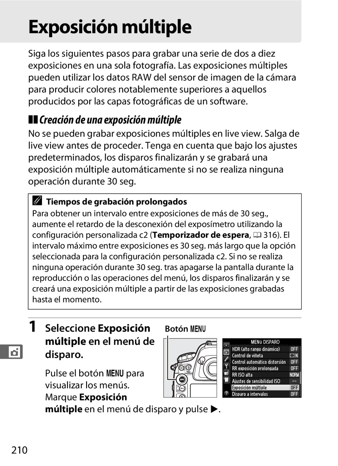 Nikon SB1L01 manual Exposición múltiple, Creación de una exposición múltiple, Seleccione Exposición, 210 