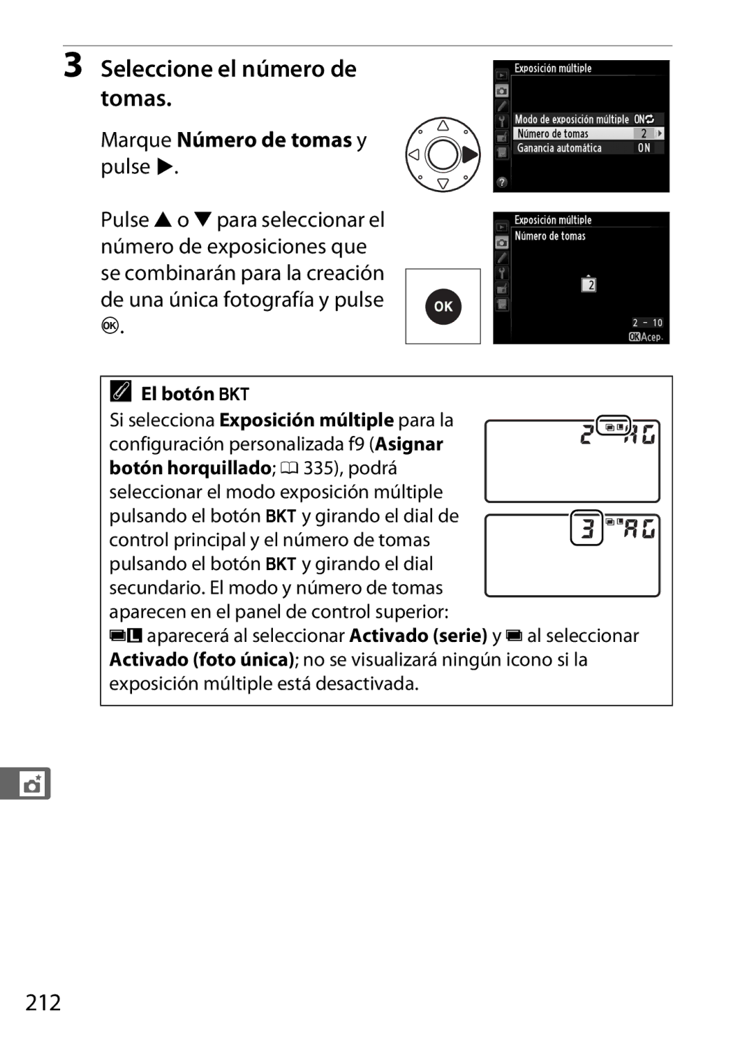 Nikon SB1L01 manual 212, Marque Número de tomas y pulse 