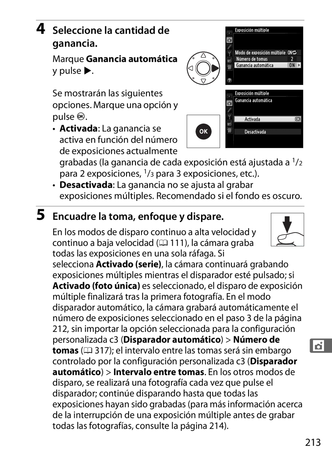 Nikon SB1L01 manual Seleccione la cantidad de ganancia, 213, Marque Ganancia automática 