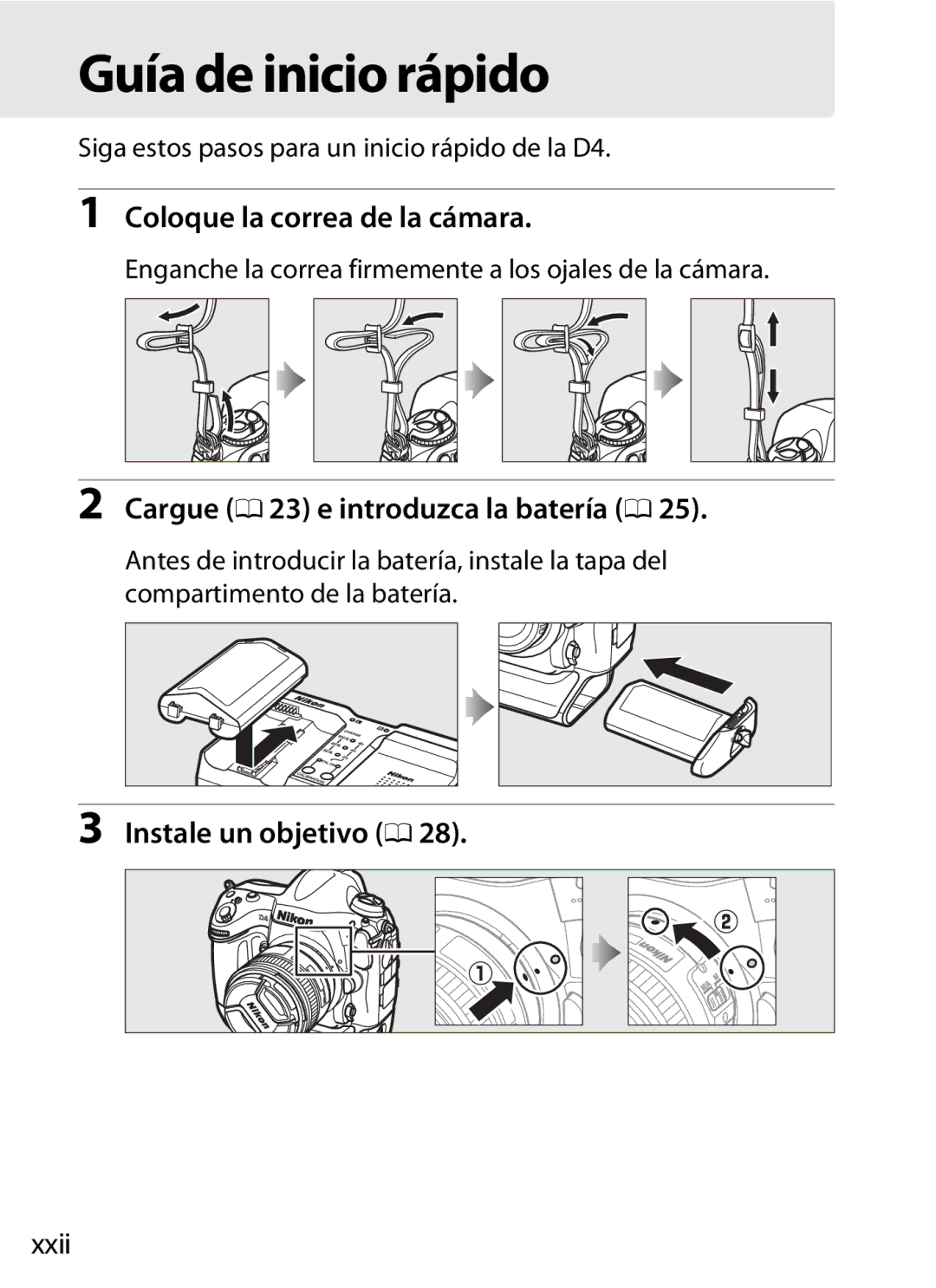 Nikon SB1L01 manual Guía de inicio rápido, Coloque la correa de la cámara, Cargue 0 23 e introduzca la batería 0, Xxii 