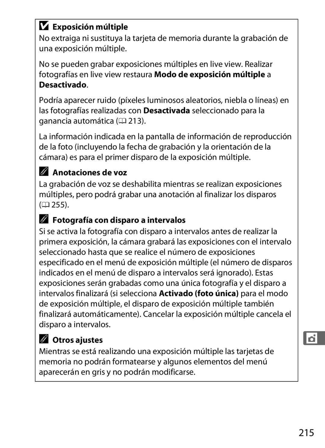 Nikon SB1L01 manual 215, Exposición múltiple, Anotaciones de voz, Otros ajustes 