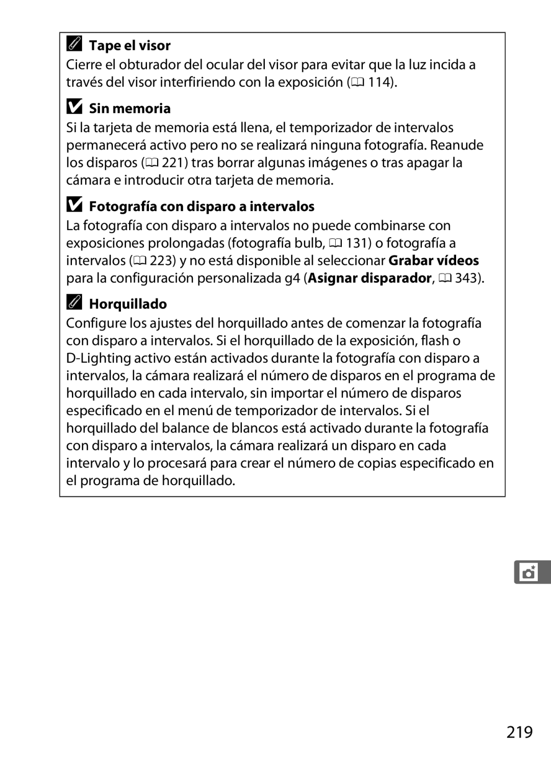 Nikon SB1L01 manual 219, Tape el visor, Sin memoria, Horquillado 