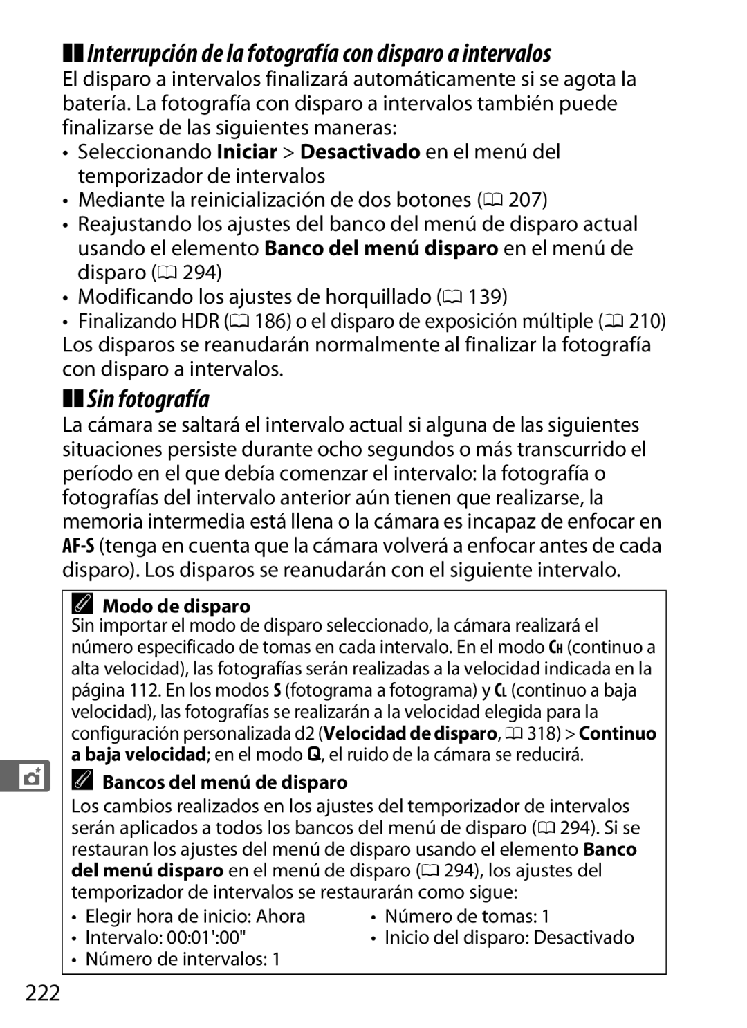 Nikon SB1L01 manual Interrupción de la fotografía con disparo a intervalos, Sin fotografía, 222, Modo de disparo 