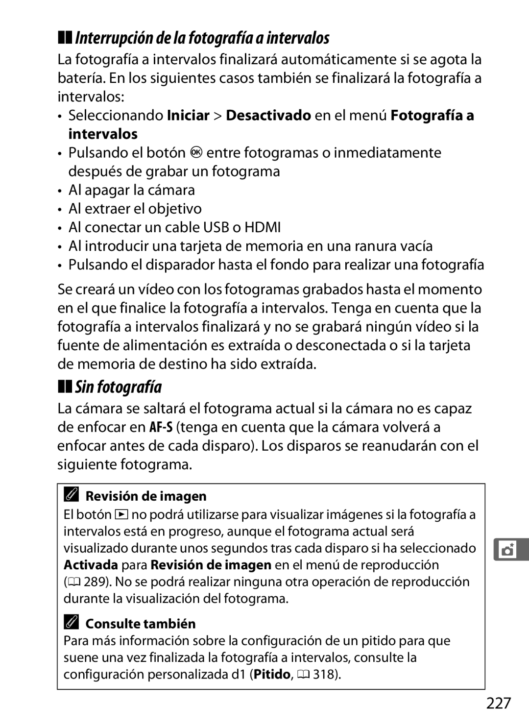 Nikon SB1L01 manual Interrupción de la fotografía a intervalos, 227 