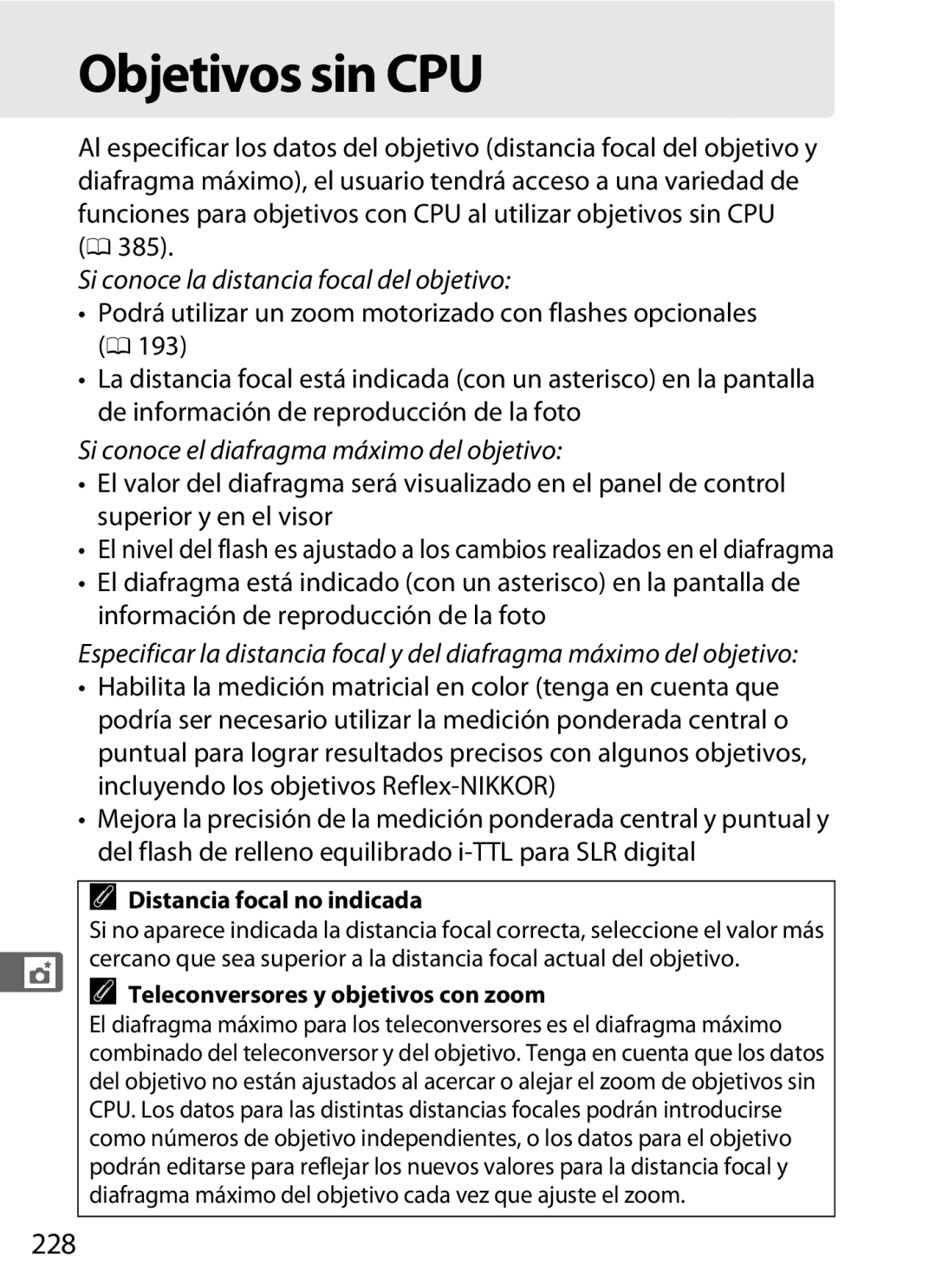 Nikon SB1L01 manual Objetivos sin CPU, 228, Distancia focal no indicada, Teleconversores y objetivos con zoom 