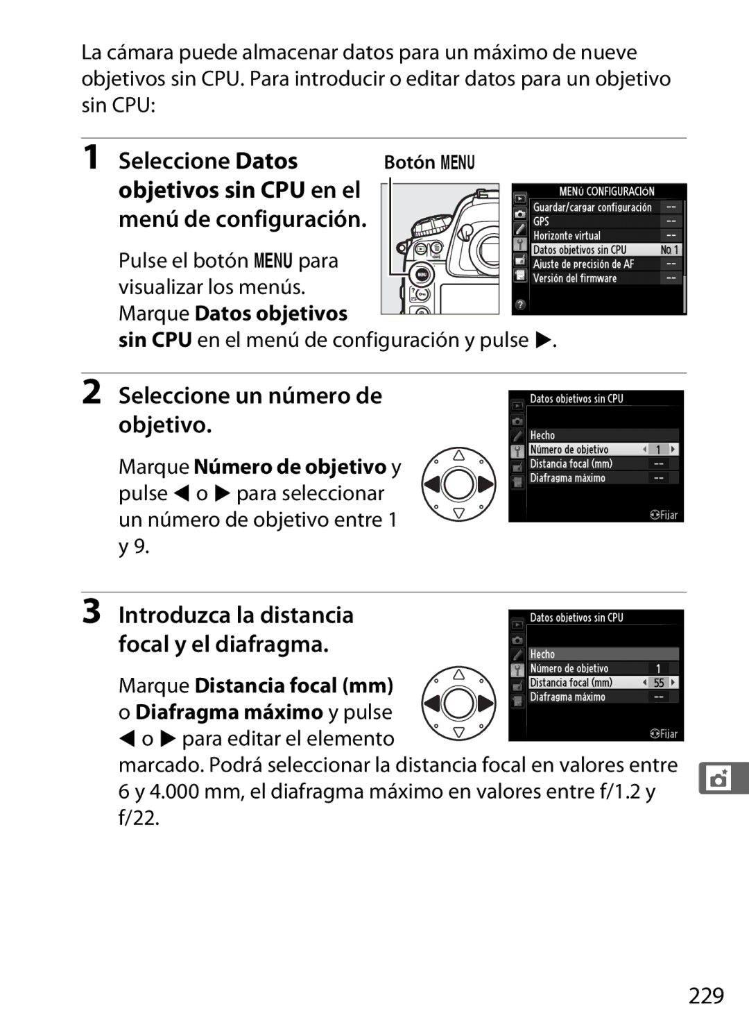 Nikon SB1L01 manual Seleccione Datos, Seleccione un número de objetivo, 229 