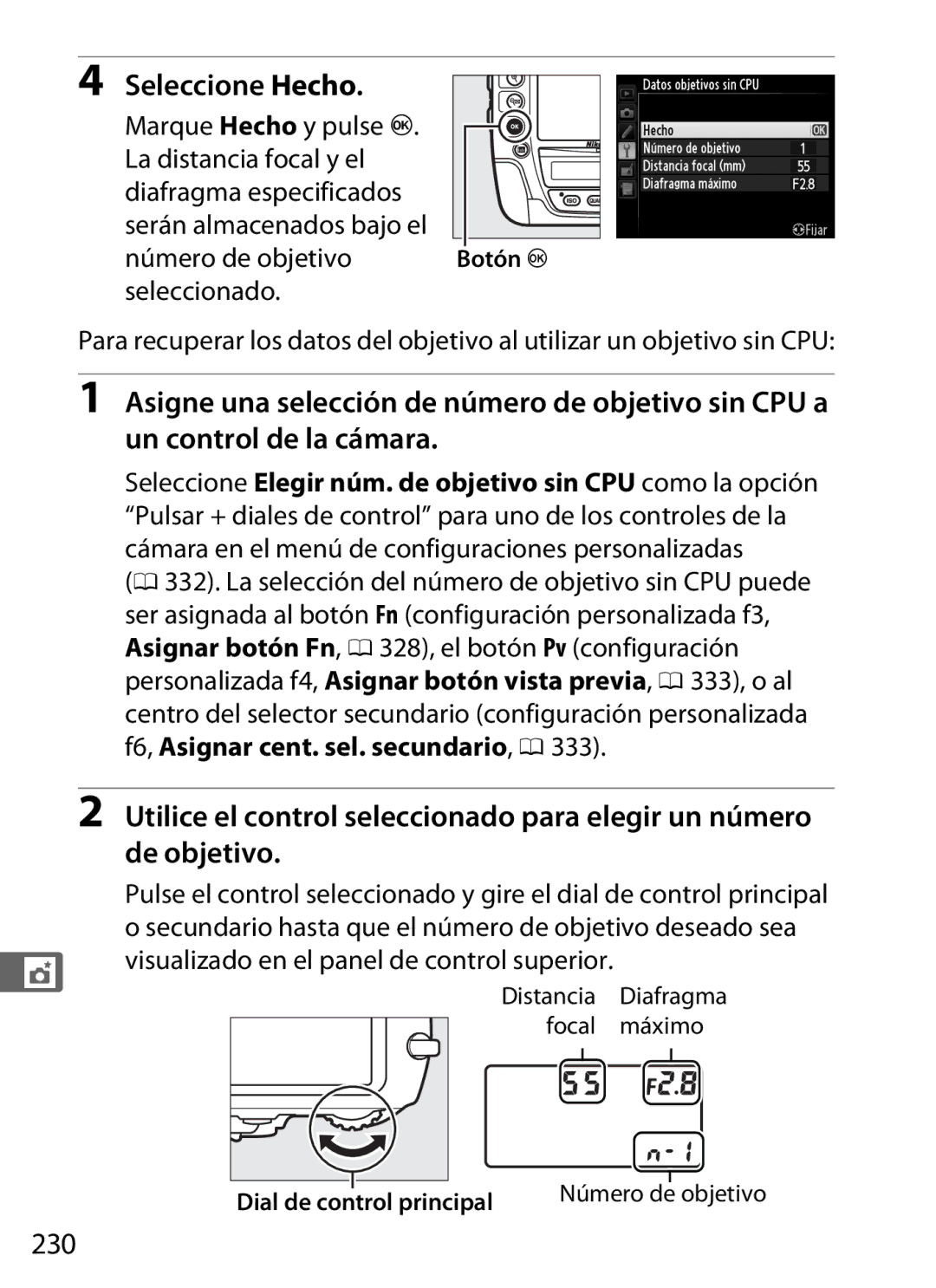 Nikon SB1L01 manual Seleccione Hecho, 230, Secundario hasta que el número de objetivo deseado sea, Número de objetivo 