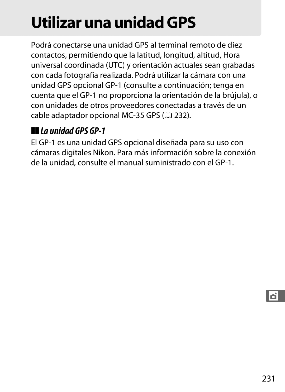 Nikon SB1L01 manual Utilizar una unidad GPS, La unidad GPS GP-1, 231 