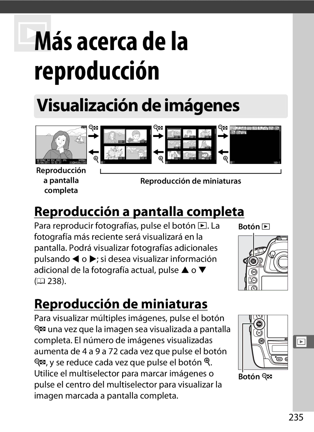 Nikon SB1L01 manual Visualización de imágenes, Reproducción a pantalla completa, Reproducción de miniaturas, 235 