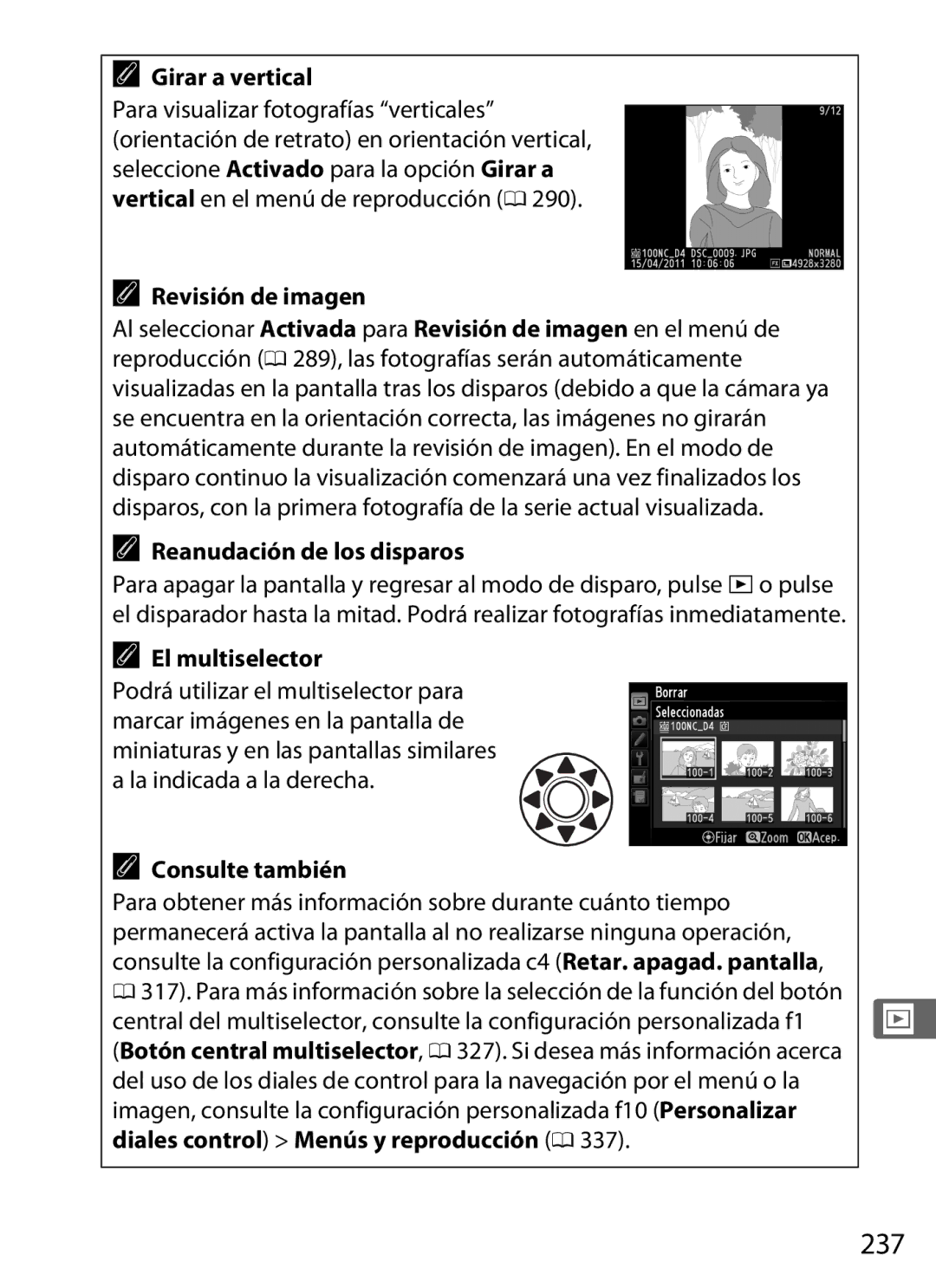 Nikon SB1L01 manual 237, Girar a vertical, Reanudación de los disparos 