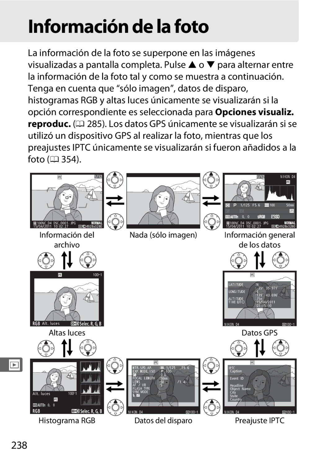 Nikon SB1L01 manual Información de la foto, 238 