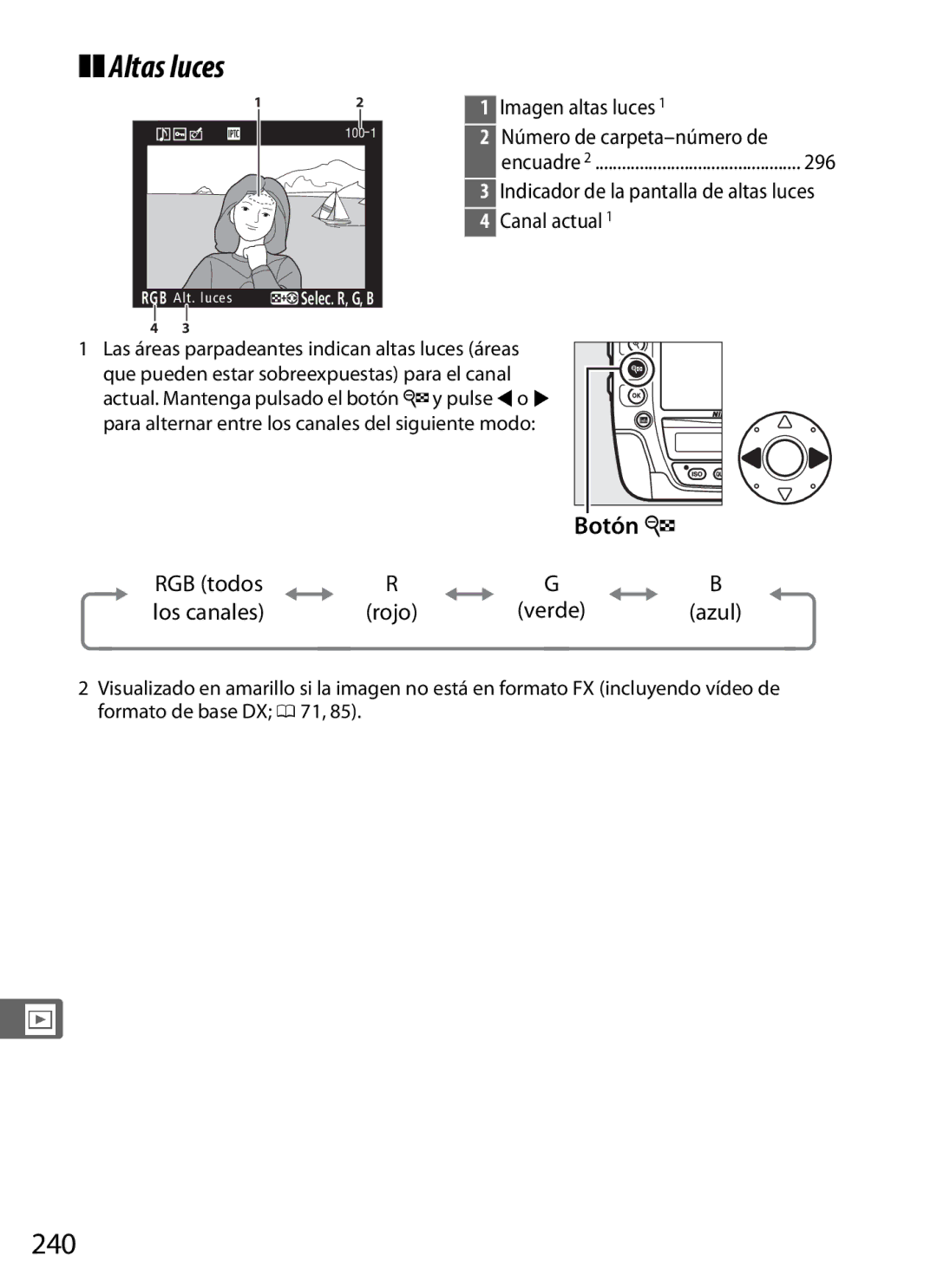 Nikon SB1L01 manual Altas luces, 240, Imagen altas luces, Canal actual, RGB todos Los canales 
