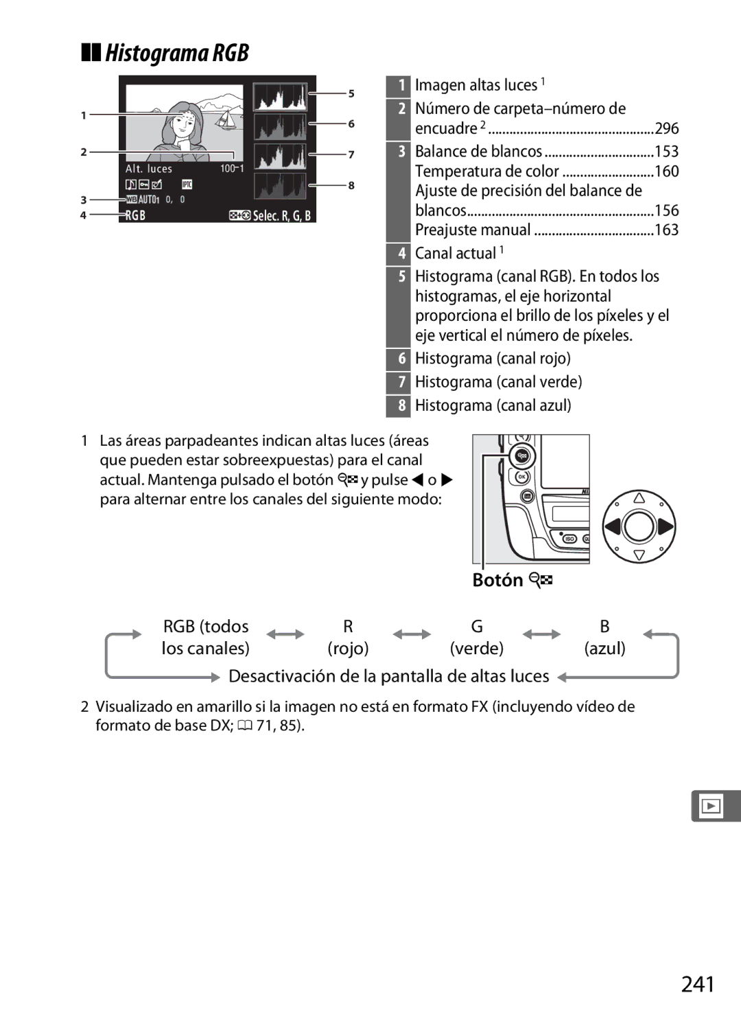 Nikon SB1L01 manual Histograma RGB, 241, Imagen altas luces Número de carpeta-número de, RGB todos Los canales Rojo 