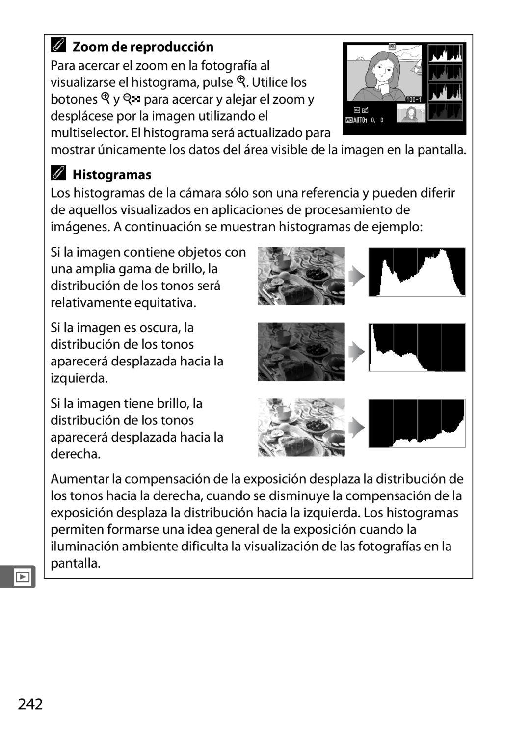 Nikon SB1L01 manual 242, Zoom de reproducción, Histogramas 