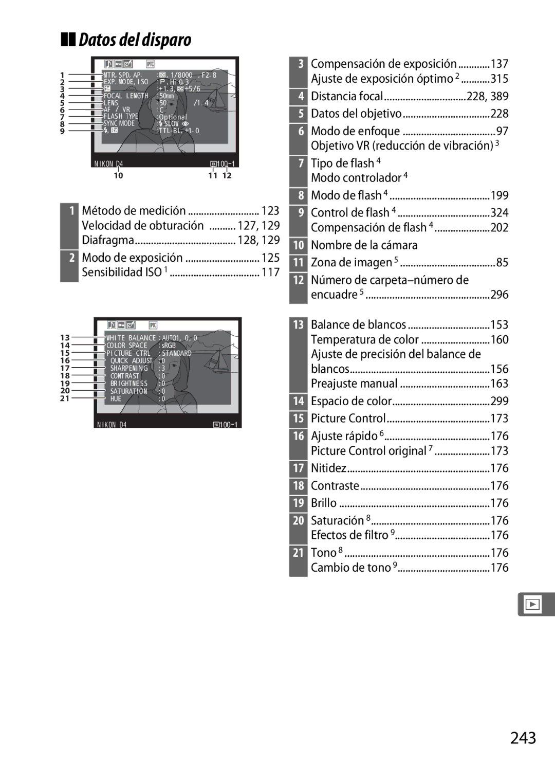 Nikon SB1L01 manual Datos del disparo, 243 
