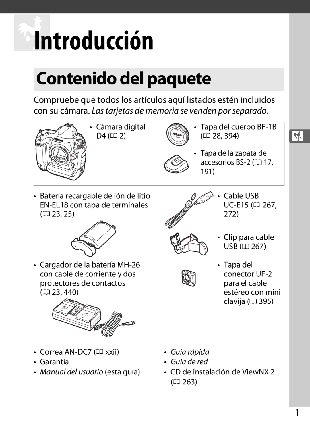 Nikon SB1L01 manual Contenido del paquete, Cable USB UC-E15 0 267, CD de instalación de ViewNX 2 0 