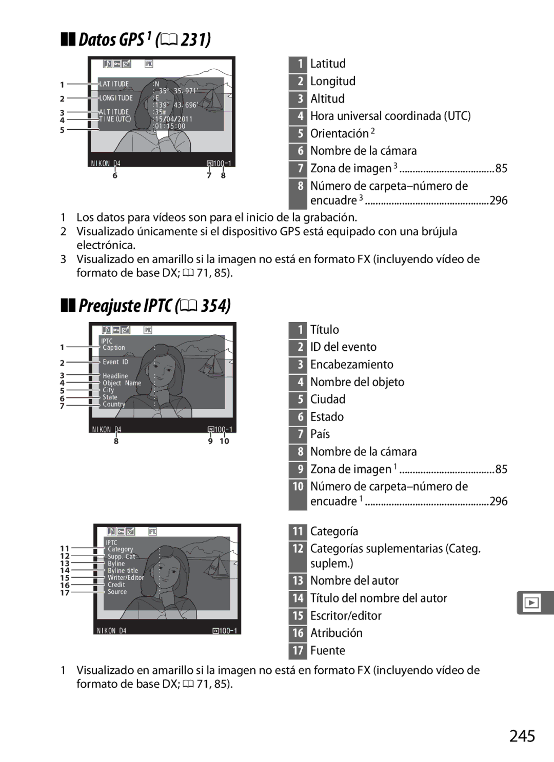 Nikon SB1L01 manual Datos GPS 1, Preajuste Iptc, 245, 10 Número de carpeta-número de 