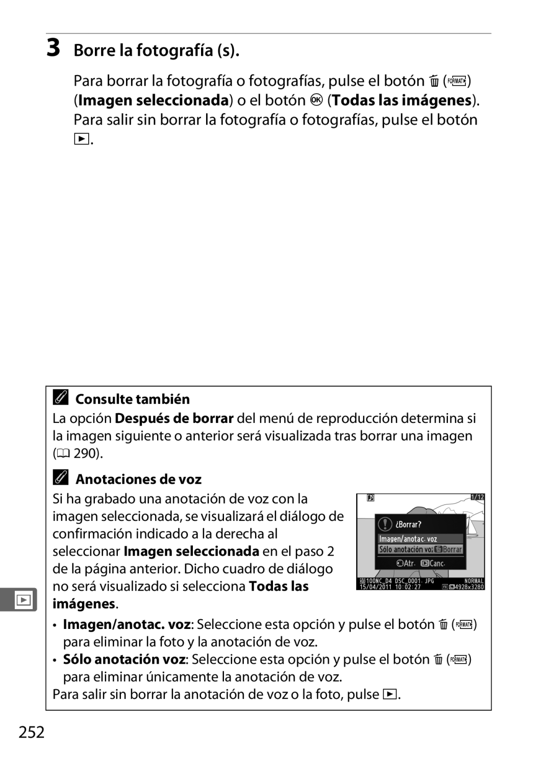 Nikon SB1L01 manual Borre la fotografía s, 252, Imágenes 