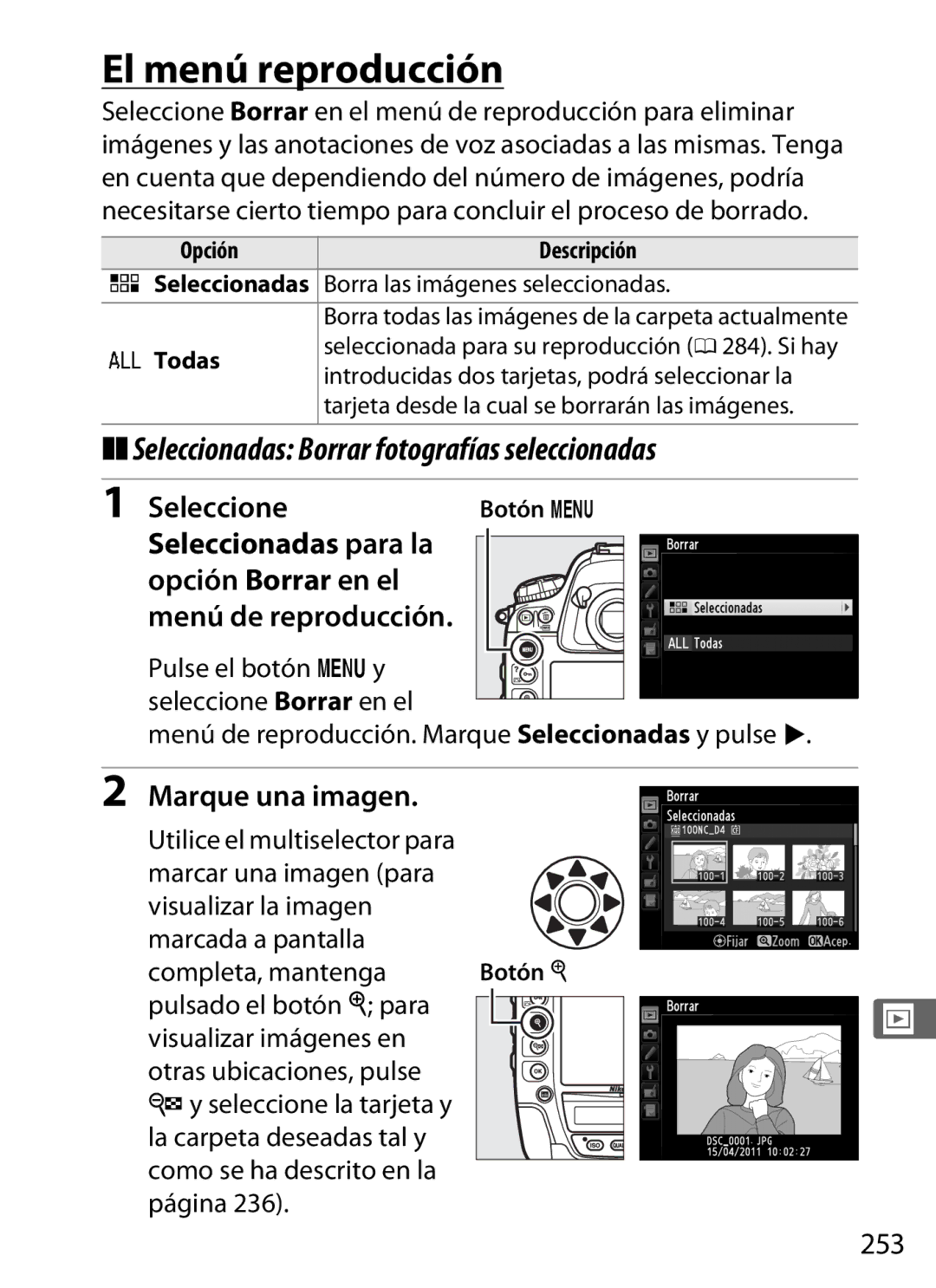 Nikon SB1L01 manual El menú reproducción, Seleccionadas Borrar fotografías seleccionadas, Marque una imagen, 253 