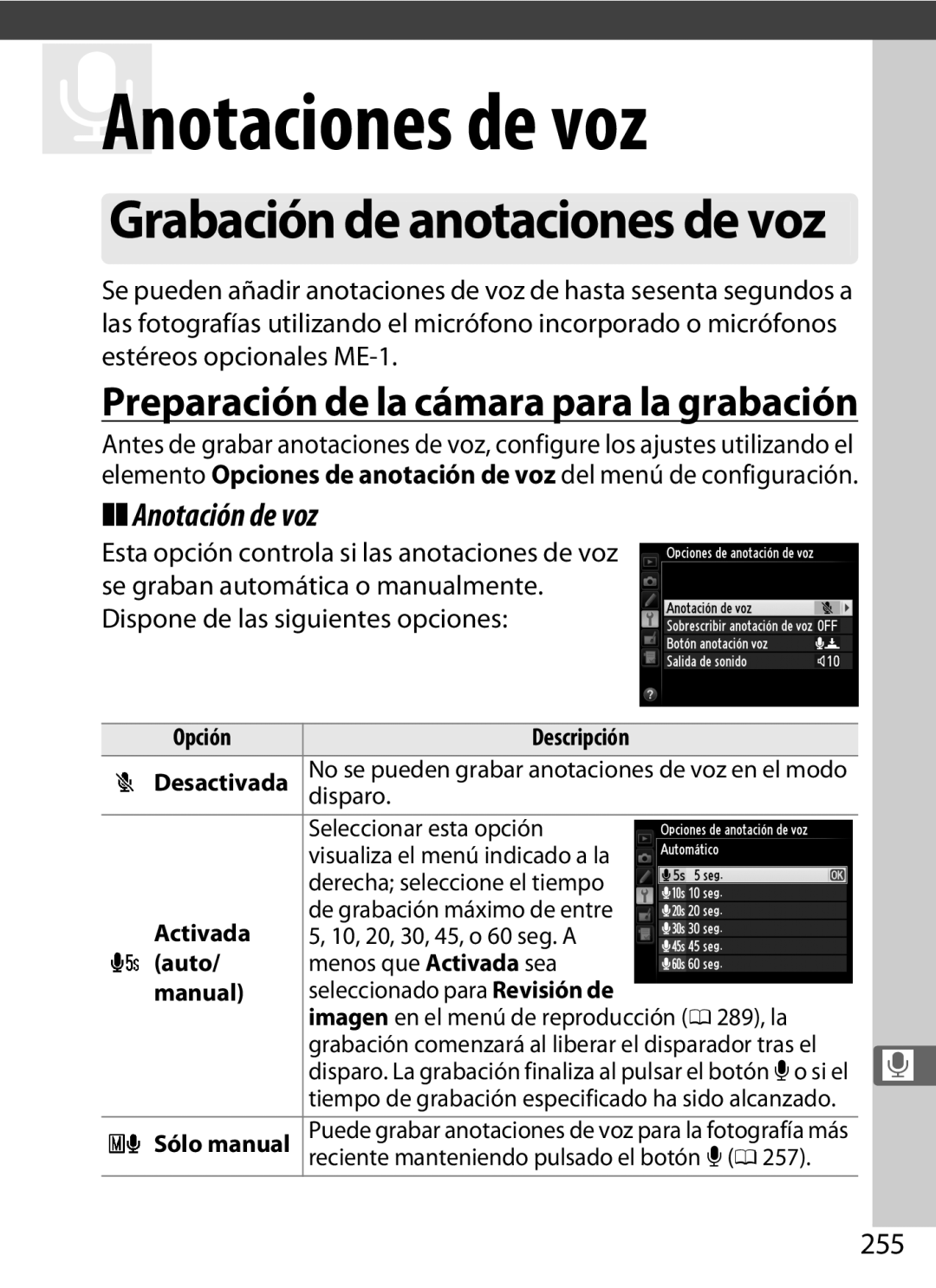 Nikon SB1L01 Anotación de voz, 255, Opción Descripción Desactivada, Auto, Sólo manual 