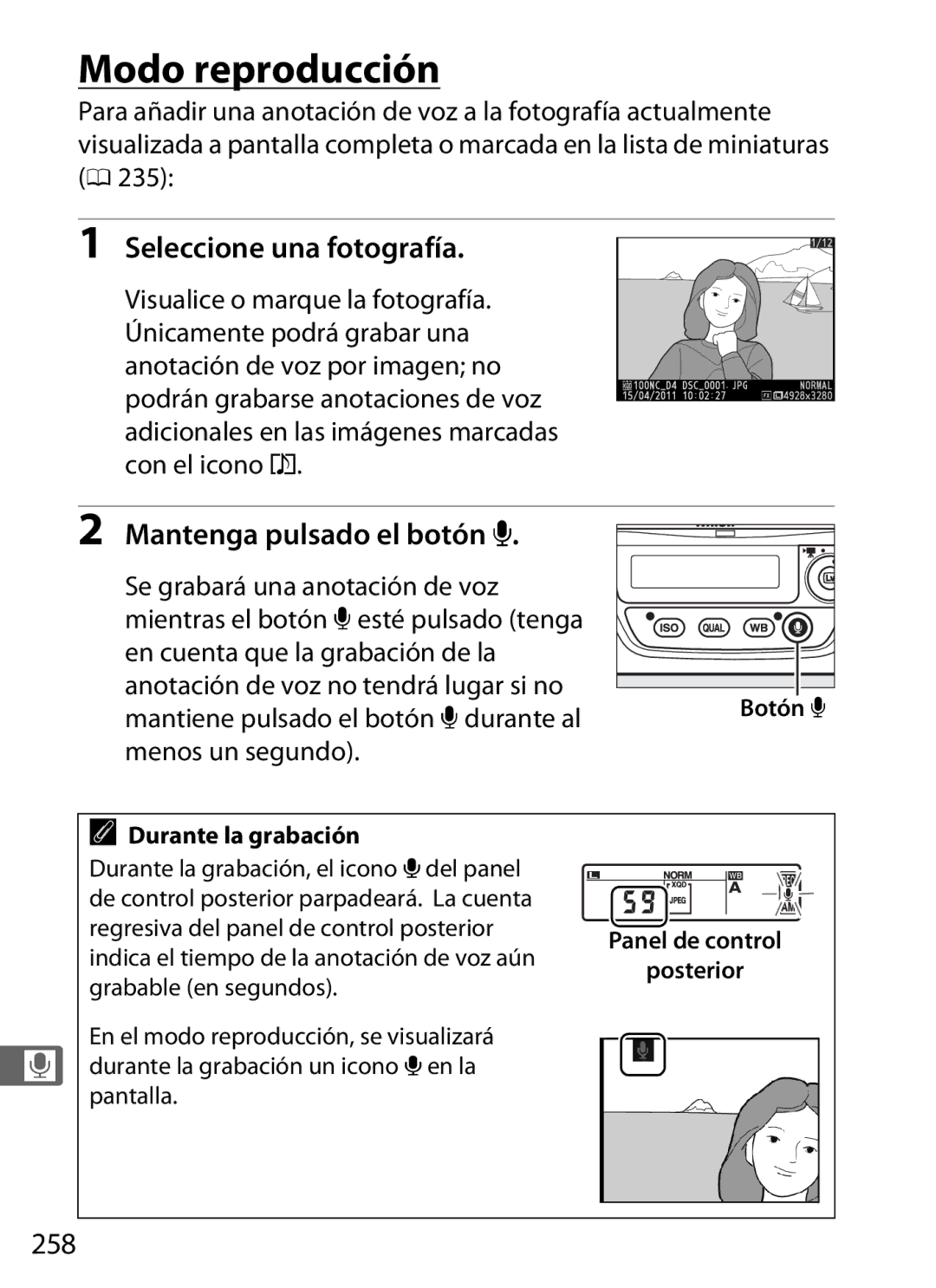 Nikon SB1L01 manual Modo reproducción, Seleccione una fotografía, Mantenga pulsado el botón H, 258 