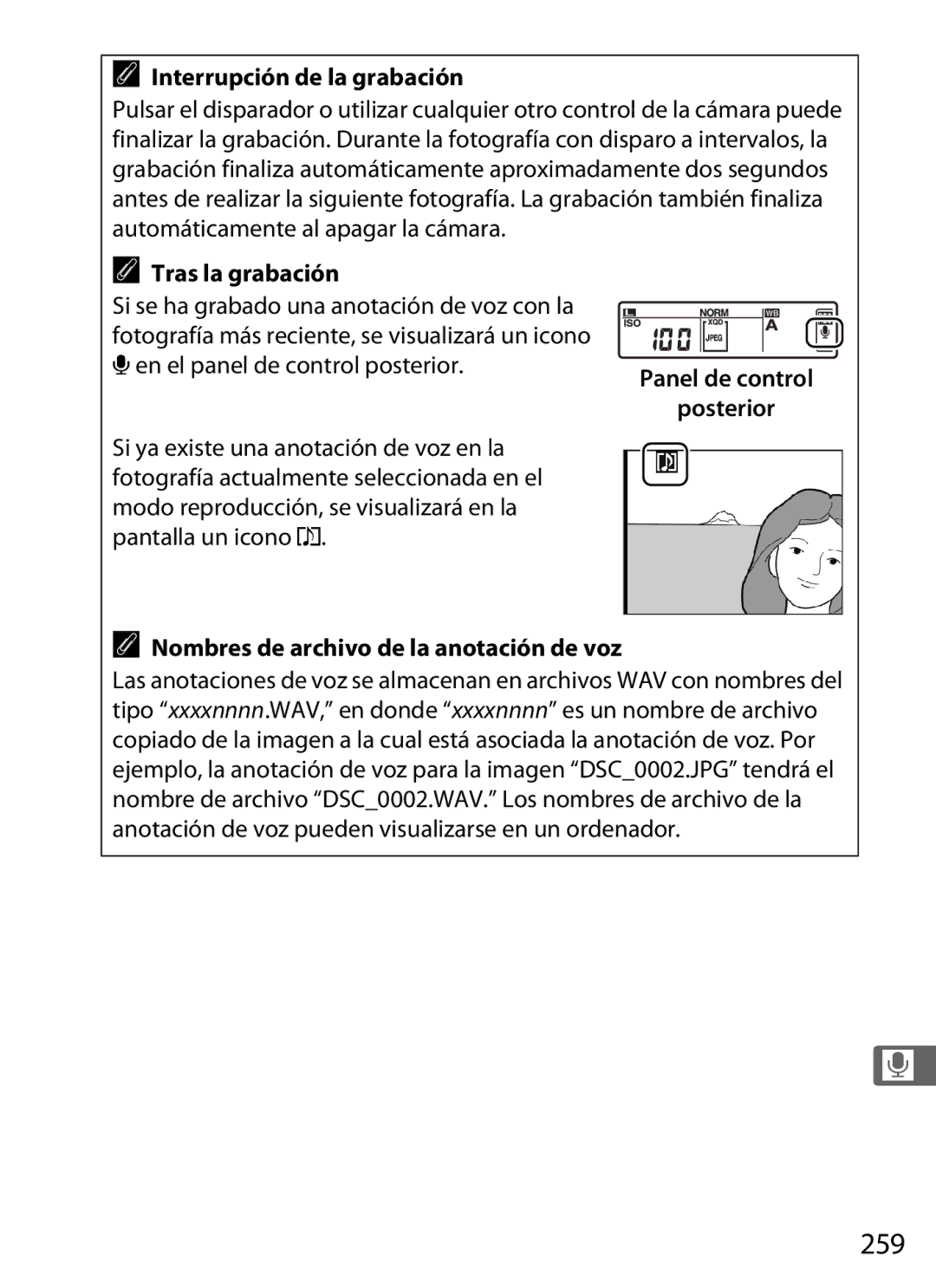 Nikon SB1L01 manual 259, Interrupción de la grabación, Tras la grabación, Nombres de archivo de la anotación de voz 