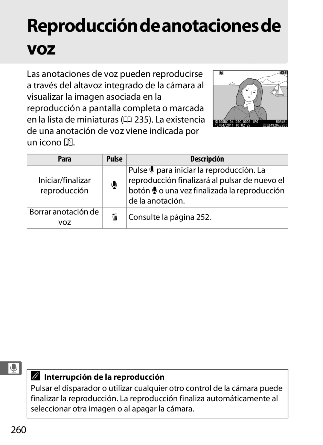 Nikon SB1L01 manual 260, Para, Interrupción de la reproducción 