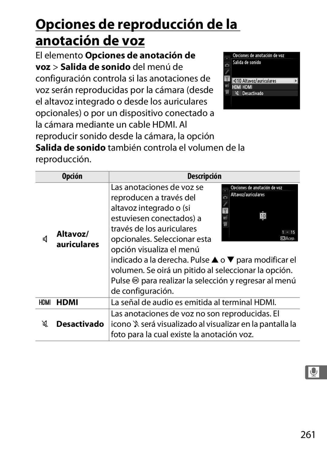 Nikon SB1L01 manual Opciones de reproducción de la anotación de voz, 261, Altavoz, Desactivado 