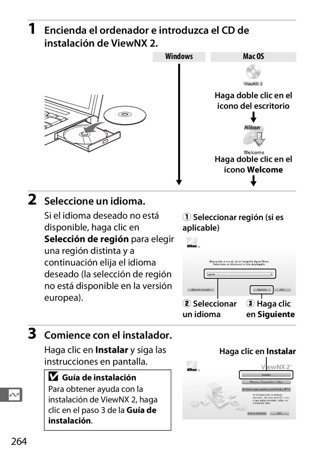 Nikon SB1L01 manual Comience con el instalador, 264, Instrucciones en pantalla 