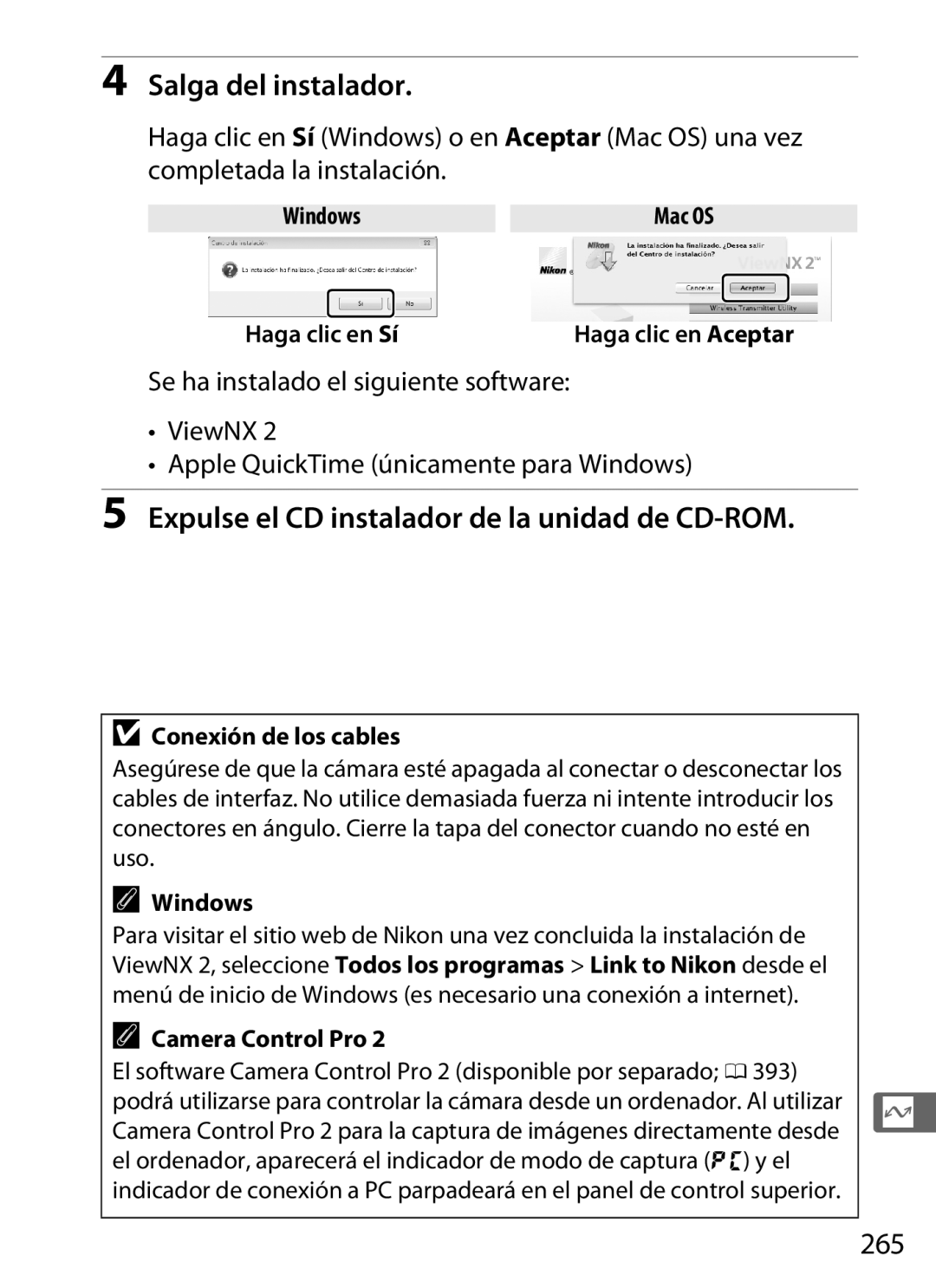 Nikon SB1L01 manual Salga del instalador, Expulse el CD instalador de la unidad de CD-ROM, 265 