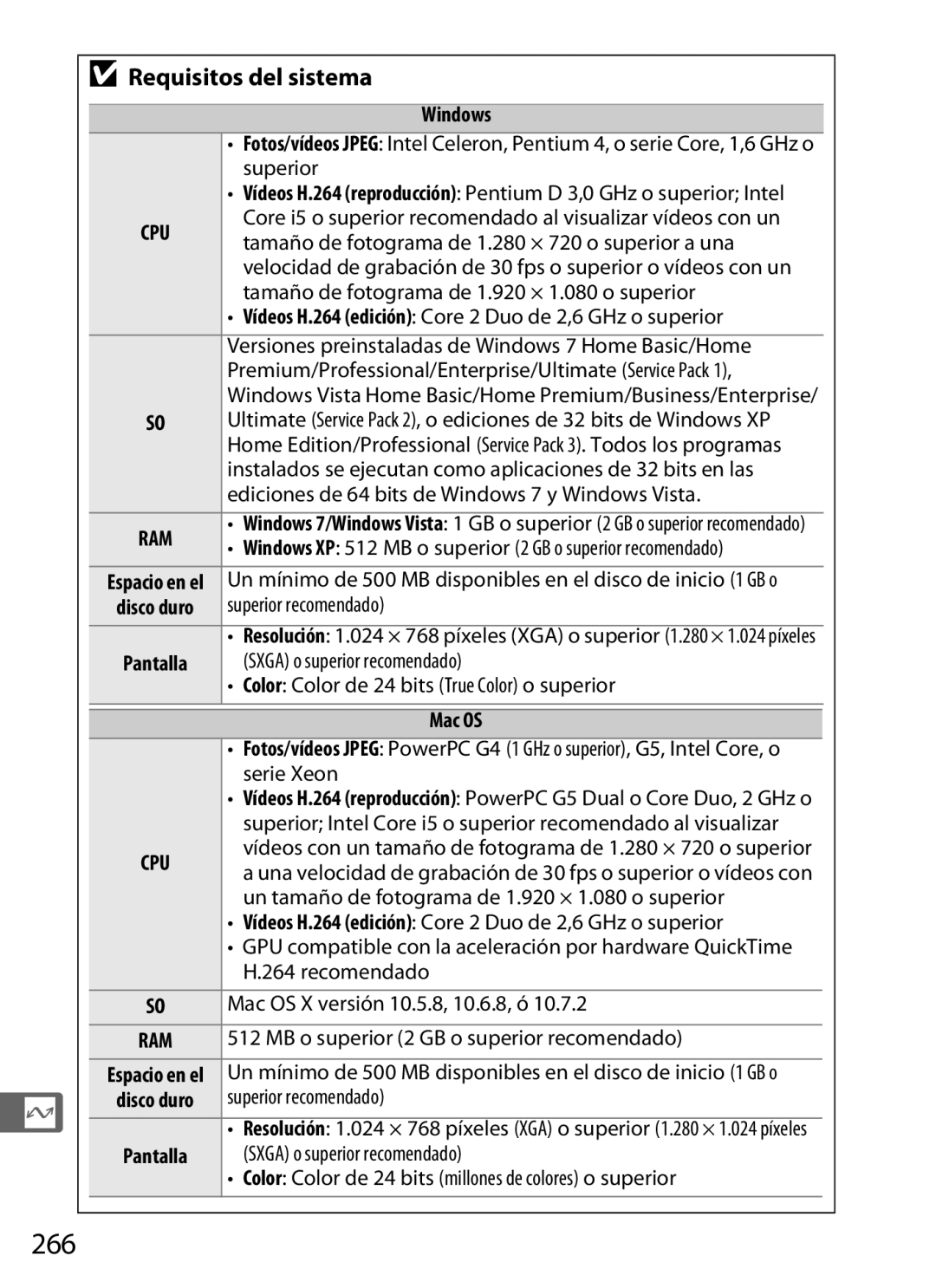 Nikon SB1L01 manual 266, Requisitos del sistema, Windows, Mac OS 